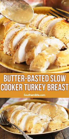 butter - basted slow cooker turkey breast on a yellow plate