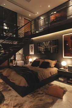 a bed sitting under a staircase in a bedroom next to a table with two lamps on it