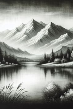 a black and white painting with mountains in the background, water and grass on the foreground