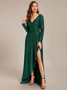 Sequin Long Sleeve V-neck Asymmetrical Hem Evening Dress – Koutun Dress Mennonite Wedding, Smores Wedding, Summer Evening Dress, Purple Sequin Dress, Burgundy Evening Dress, Sequin Evening Dress, Red Sequin Dress, Green Evening Dress, Ladies Day Dresses