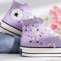 Welcome to LunnNest, a hand embroidered items shop. These are the most meticulously embroidered shoes that I give to you. I embroider them carefully and thoroughly with skillful hands. Converse type: Converse High Tops Chuck Taylor 1970s Converse color:  10. 1970s Light Purple Price includes: Shoes + Embroidery as Pictured I can buy it for you at a store near your home or you can send me the canvas shoes you have available. Your embroidered Converse, Vans shoes are ready to ship in 8-16 days. I Purple Converse Embroidery, Pink Embroidered Converse, Embroidered Chuck Taylors, Embroidered Tennis Shoes, Cute Shoe Ideas, Tangled Converse, Cute Affordable Shoes, Rapunzel Shoes, Light Purple Converse