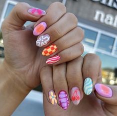 Every Nail Is Different Design, Crazy Summer Nails Designs, Crazy Cute Nails, Fun Colorful Nails, Crazy Summer Nails, Bright Neon Nails, Nail Designs Colorful, Funky Summer Nails, Korean Gel Polish