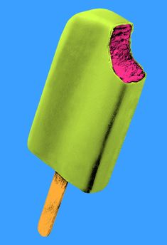 an ice cream popsicle with pink frosting on top against a bright blue background