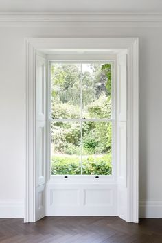 an empty room with a large window and wood flooring on one side, looking out onto the woods