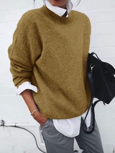 women's sweater sweaters for women cute sweaters knitted sweaters fall sweaters fuzzy sweaters Mode Prints, Winter Pullover, Long Pullover, Collars For Women, Yellow Sweater, Looks Chic, Grey Pants, Pullover Shirt, 가을 패션