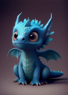 a blue dragon sitting on top of a gray floor next to a black background with orange eyes