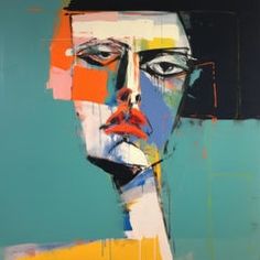 an abstract painting of a woman's face with multicolored lines on it