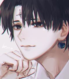 an anime character with black hair and piercings on his ears, wearing a white shirt