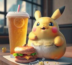 the pikachu is eating a sandwich next to a drink