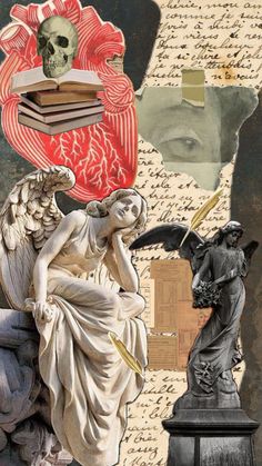 altered photograph of an angel sitting on top of a table next to a statue and book