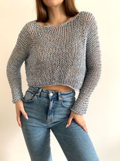 Blue and Gray Mix Crochet Top With Gray Mix Color Loose Cotton | Etsy Poland Oversized Chunky Knit Gray Top, Oversized Gray Chunky Knit Top, Gray Chunky Knit Top, Trendy Gray Knitted Top, Cozy Chunky Knit Gray Tops, Cozy Gray Chunky Knit Top, Gray Knitted Top For Spring, Spring Gray Knitted Top, Gray Chunky Knit Casual Top