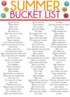 a printable summer bucket list with words and pictures on the back ground, in bright colors