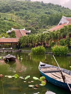 there is a boat that is in the water and some plants on the side of it