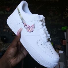 Custom Bling Out Ab Crystal Nike Air Force 1s. Each Shoe Is Hand Designed With Crystals Being Placed One By One, Making This A Time Consuming Process But The End Result Is Truly A Stunning Work Of Art & Worth Every Penny. Price Listed Reflects The Cost Of The Shoe. Shoes Will Be Packaged Securely. More Crystals Available. Please No Offers. White Custom Sneakers With Rhinestones And Round Toe, Bedazzled Nikes, Glitter Nike Shoes, Nike Shoes Custom, Penny Price, Glitter Nikes, Nike Air Force 1s, Air Force 1s, Custom Bling