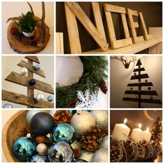 christmas decorations made from wooden boards and pineconis are arranged in different pictures with candles