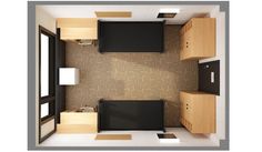 an overhead view of a living room with tvs on the wall and cupboards