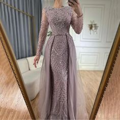 Beaded Long Sleeve Evening Gown With Detachable Overskirt. Never Worn, Bought For An Event But Ended Up With Another Dresss Gown With Overskirt, Dubai Evening, Different Dress Styles, Over Skirt, Gowns Elegant, Long Sleeve Evening Gowns, Formal Evening Gown, Mauve Dress, Evening Gowns Elegant