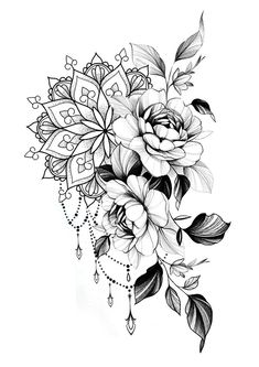 a black and white drawing of flowers on a white background with beads hanging from it