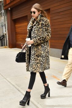 pinterest | @lovecaitx Gg Hadid, Leopard Coat Outfit, Cheetah Coat, Winter Mode Outfits, Leopard Print Outfits, Hadid Style