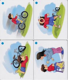 four cartoon pictures of two people riding bikes and one person falling off the ground with scissors