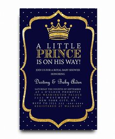 a little prince is on his way baby shower card with gold glitter and blue background