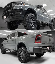 two pictures of the back and side view of a silver truck in a garage with its lights on