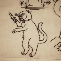 a drawing of a cat holding a knife in it's mouth next to a clock