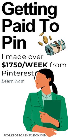 a woman is sitting in front of a pin with the words getting paid to pin