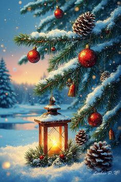 a painting of a lantern in the snow with pine cones and christmas balls hanging from it