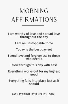 a poem with the words morning affirmations written in black and white on it