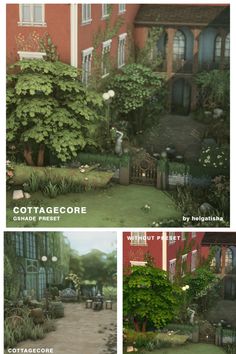 three different views of the same building and garden area, with text that reads cottage core