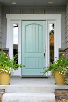 a blue front door with potted plants on the steps next to it and an instagram post that reads, shut the front door