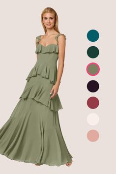 This floor length dress features a drop-waist corseted sweetheart bodice, adjustable straps, and a cascade tier A-line skirt. Green Bridesmaid Dress With Fitted Bodice And Sweetheart Neckline, Green Bridesmaid Dress With Sweetheart Neckline And Fitted Bodice, Green Fitted Bridesmaid Dress With Sweetheart Neckline, Fitted Green Bridesmaid Dress With Sweetheart Neckline, Waffley Wedded, Chiffon Bridesmaid Dresses, Floor Length Dress, Floor Length Dresses, Chiffon Bridesmaid