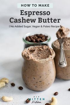 two small jars filled with chocolate pudding and nuts next to each other on a white surface