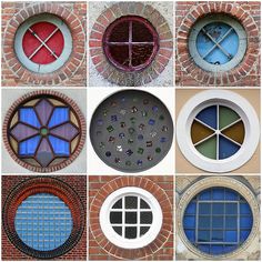 several round windows with different colors and designs on them are shown in the same pattern