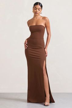 Belle of The Ball Brown Bandeau Maxi Dress With Split Hem – Club L London - USA Holiday Fits, Midi Bridesmaid Dress, Posh Spice, Bandeau Maxi Dress, Dress With Split, Split Hem Dress, Sleek Dress, Black Bandeau, Black Dress Prom