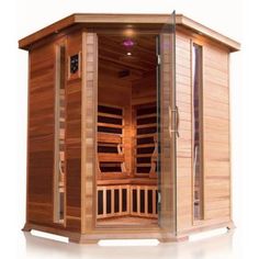 a sauna is shown with the door open