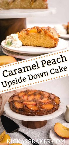 caramel peach upside down cake on a white plate with text overlay that reads caramel peach upside down cake