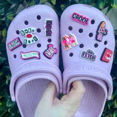 Message any questions Crocs Charms Aesthetic, Crocs Decorations, Taylor Swift Shoes, Crocs Aesthetic, Crocs With Charms, Purple Crocs, Crocs Shoe, Charms For Crocs, Mean Girl