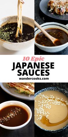 japanese sauces with chopsticks sticking out of them and in bowls on the table