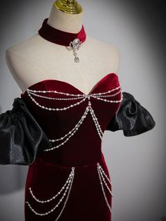 Red Dress With Pearls, Off Shoulder Party Dress, Long Black Evening Dress, Dress With Beads, Velvet Evening Dress, Grey Prom Dress, Red Mermaid, Cool Dresses, Dress Wine