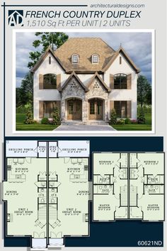 the french country duplex floor plan is shown in two story, three bedroom and one bathroom