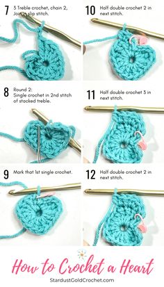 instructions to crochet a heart with two stitches and one hook in the middle