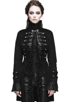 Dark Academia Aesthetic Black Long Coat With Buttons, Black Long Coat Outerwear With Buttons, Gothic Winter Outerwear With Buttons, Gothic Black Outerwear With Button Closure, Gothic Long Coat With Buttons, Alternative Black Outerwear With Pockets, Black Gothic Outerwear With Buttons, Gothic Fall Outerwear With Buttons, Black Punk Style Outerwear With Button Closure