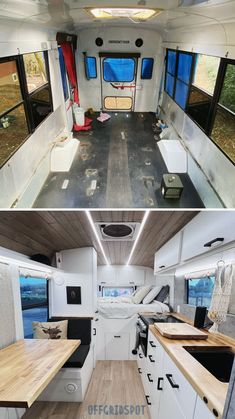 the inside and outside of an rv with wood flooring, windows, and cabinets