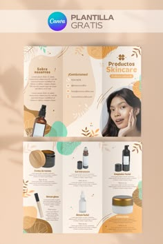 a brochure with an image of cosmetics products on the front and back pages