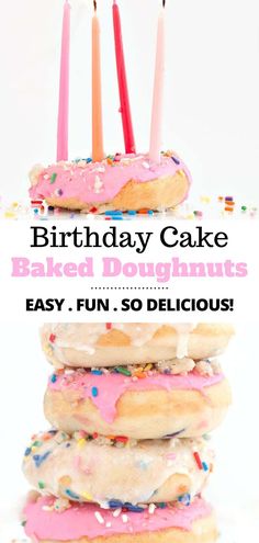 birthday cake baked doughnuts with pink frosting and sprinkles stacked on top of each other