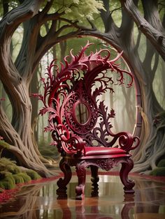 a red chair sitting in the middle of a forest