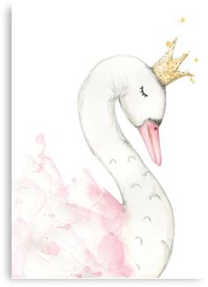 a watercolor painting of a swan wearing a tiara and pink tutu skirt