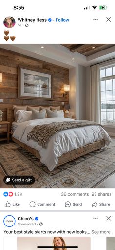 a bed room with a neatly made bed and wooden walls